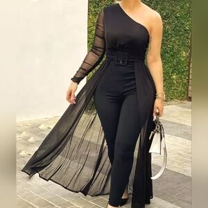 One Shoulder Jumpsuit with Attached Wrap Skirt